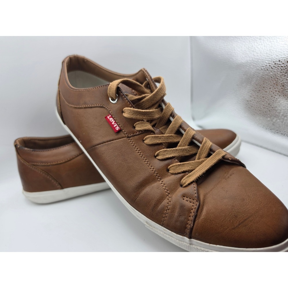 Levis Mens Brown Faux Leather Low Top Lace Up Sneakers Casual Shoes